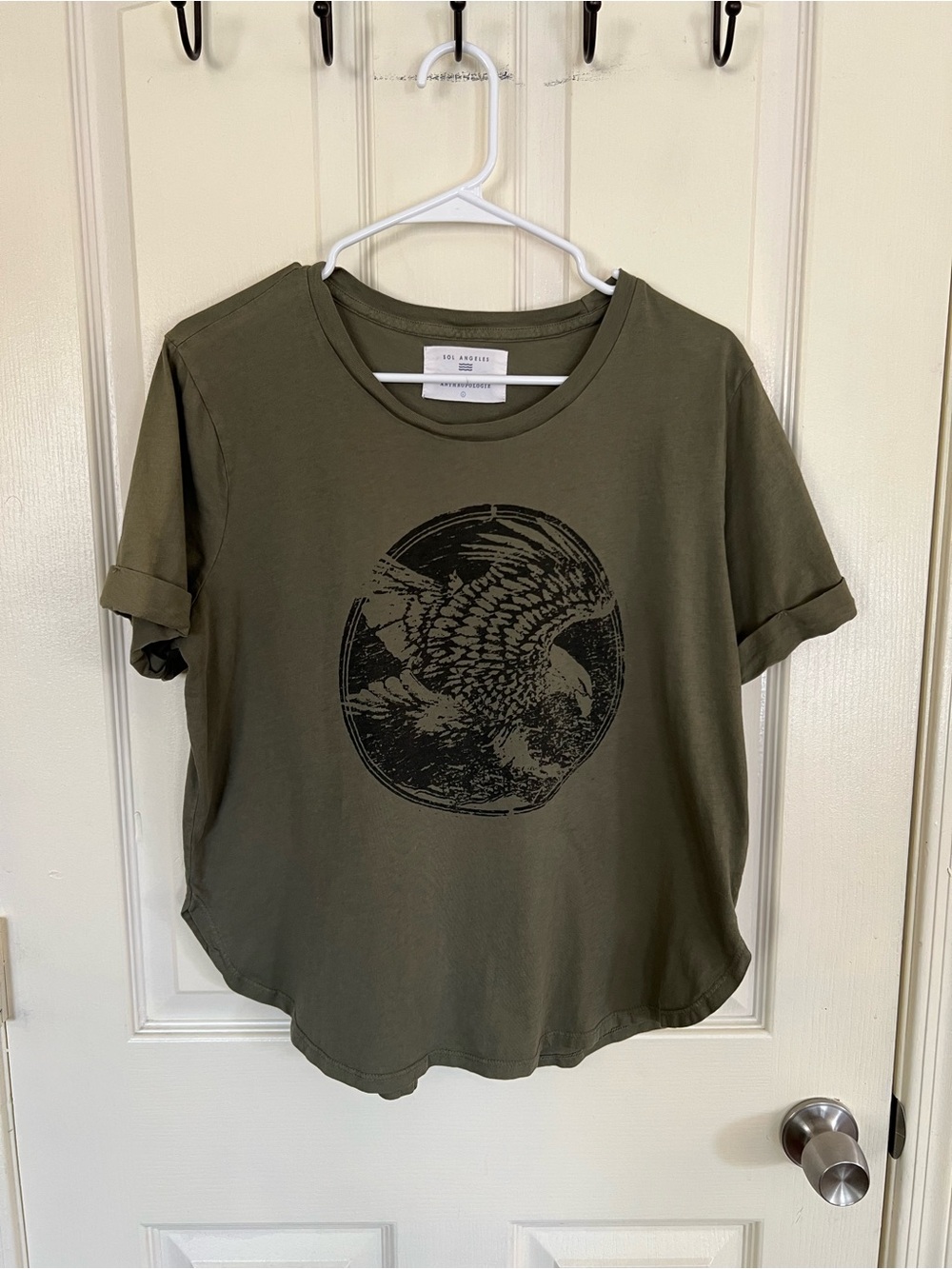 Anthropologie Sol Angeles Eagle Graphic Tee Olive Green Cotton Rolled Sleeve L - Picture 1 of 9